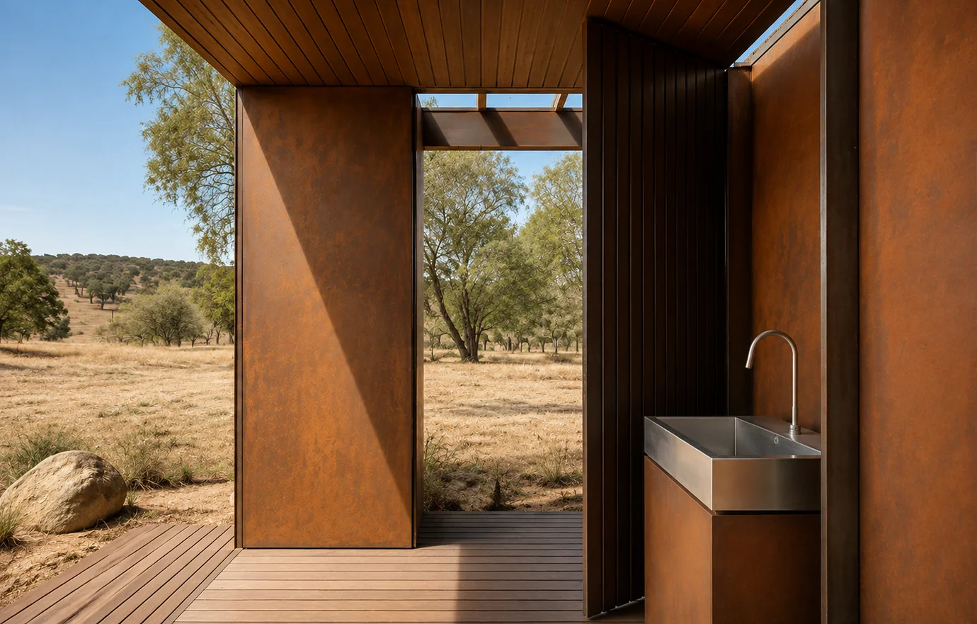 giantA architectural services — rural Australian outdoor washroom combining rusted corten steel, warm timber lining and landscape-framed openings, demonstrating integrated site-responsive design