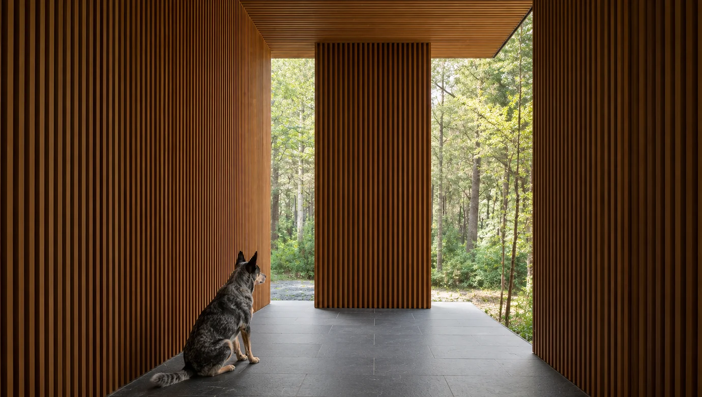 giantA project process from concept through documentation to delivery — timber pavilion interior with vertical slats framing two views of native forest, showing how every design decision is grounded in site and light