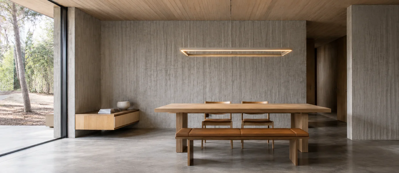 giantA architectural outsourcing service — minimalist board-formed concrete dining interior with timber plank ceiling and full-height glazing to pine forest, documented and delivered for partner architects and building designers