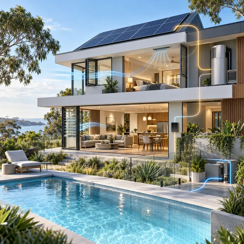 Modern NSW home cutaway showing solar, HVAC and energy flows — BASIX energy